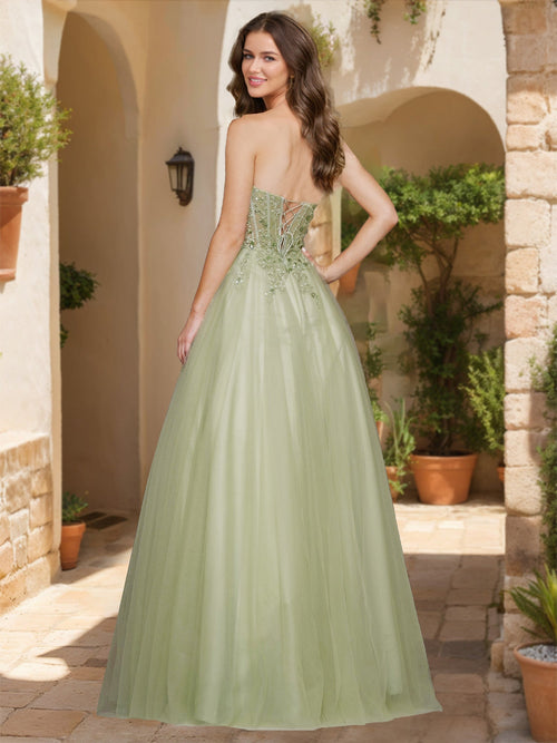 Adelisse Rue Sage Green back view prom dress