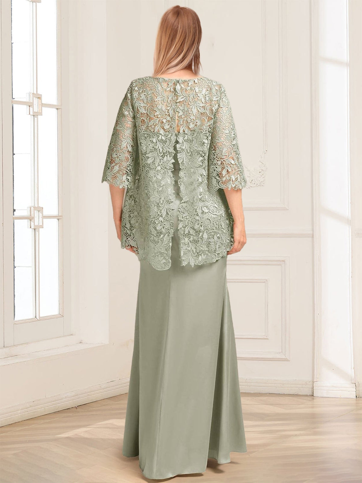 Heloise Amber Sage Green back view mother of the bride dress