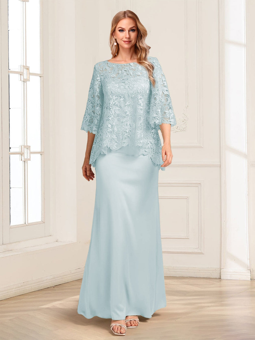 Heloise Amber Sky Blue front view mother of the bride dress