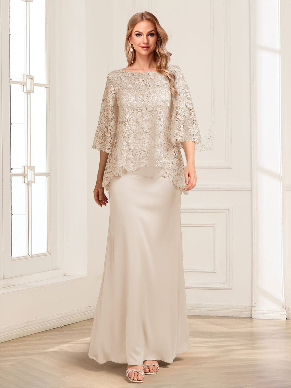 Heloise Amber Champagne back view mother of the bride dress