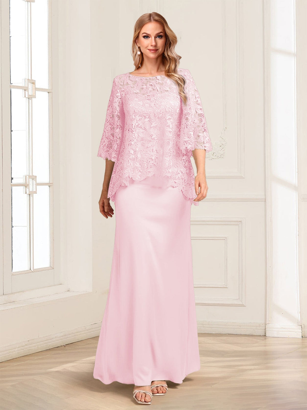 Heloise Amber Pearl Pink front view mother of the bride dress