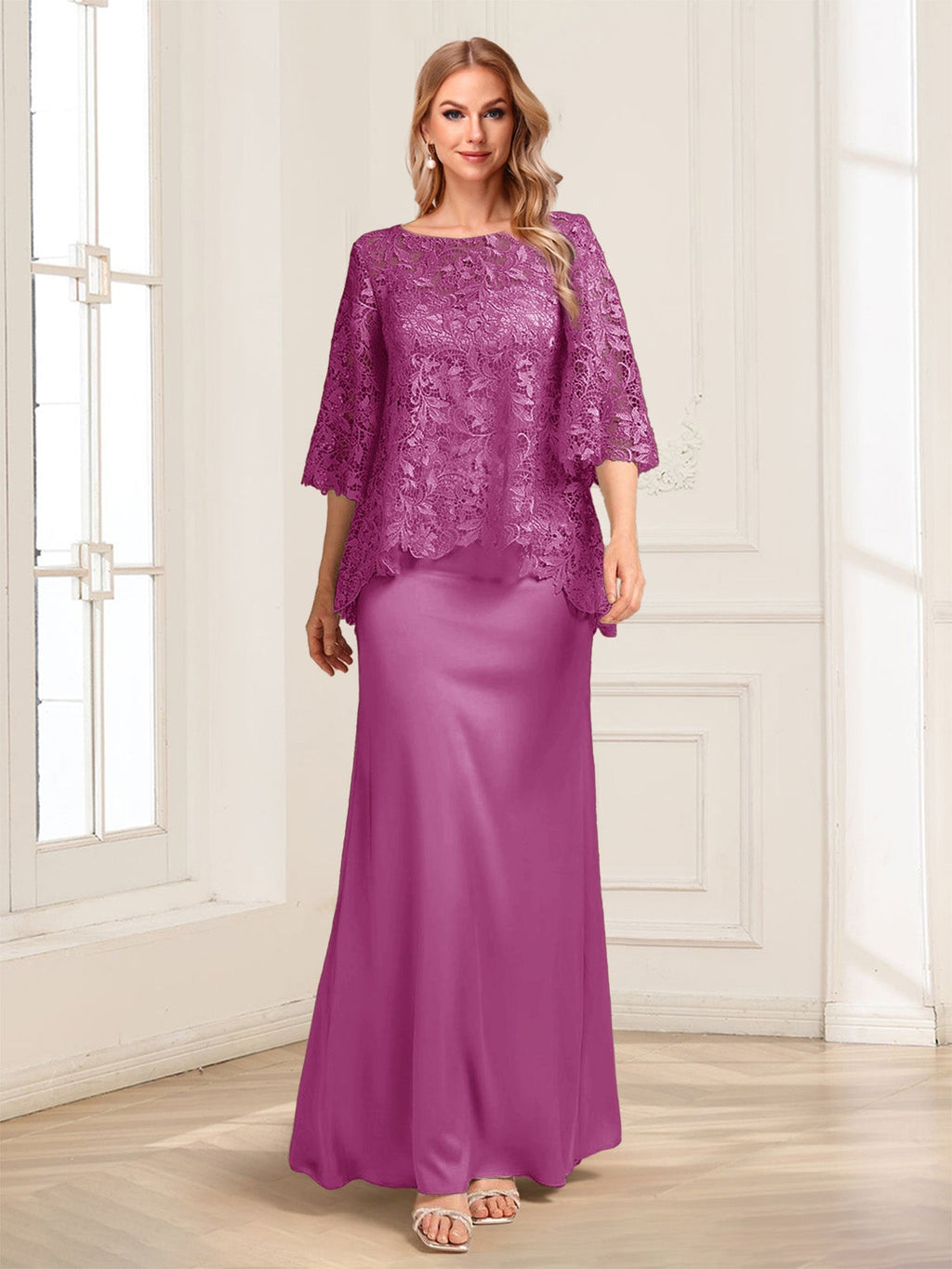 Heloise Amber Plum front view mother of the bride dress