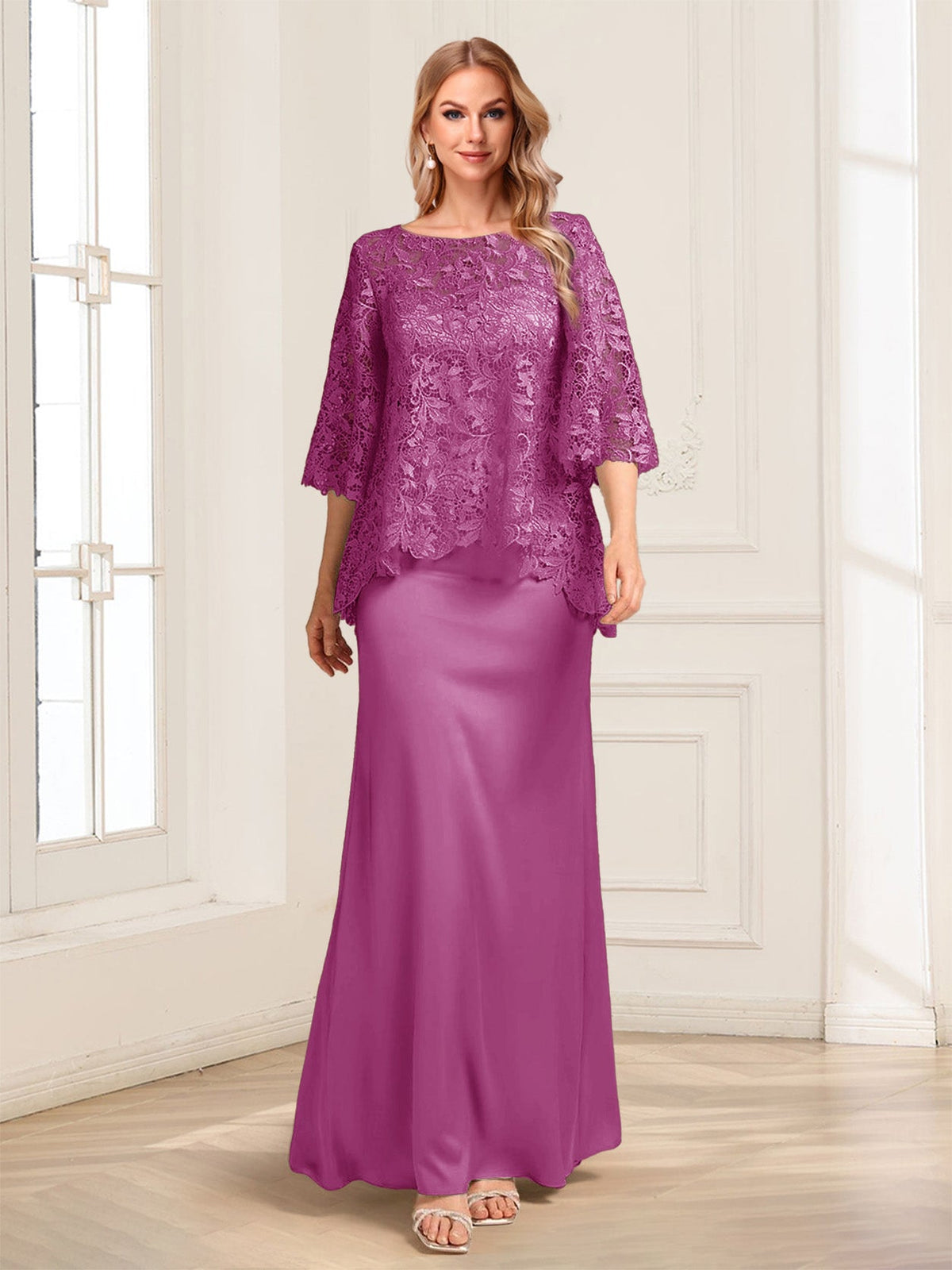 Heloise Amber Plum front view mother of the bride dress