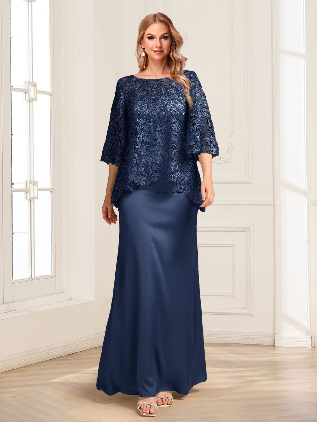 Heloise Amber Navy Blue front view mother of the bride dress