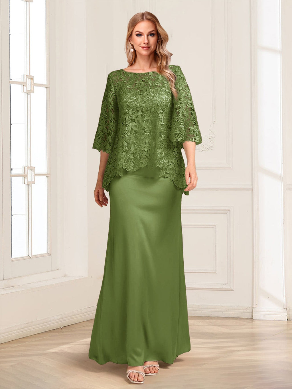 Heloise Amber Olive Green front view mother of the bride dress
