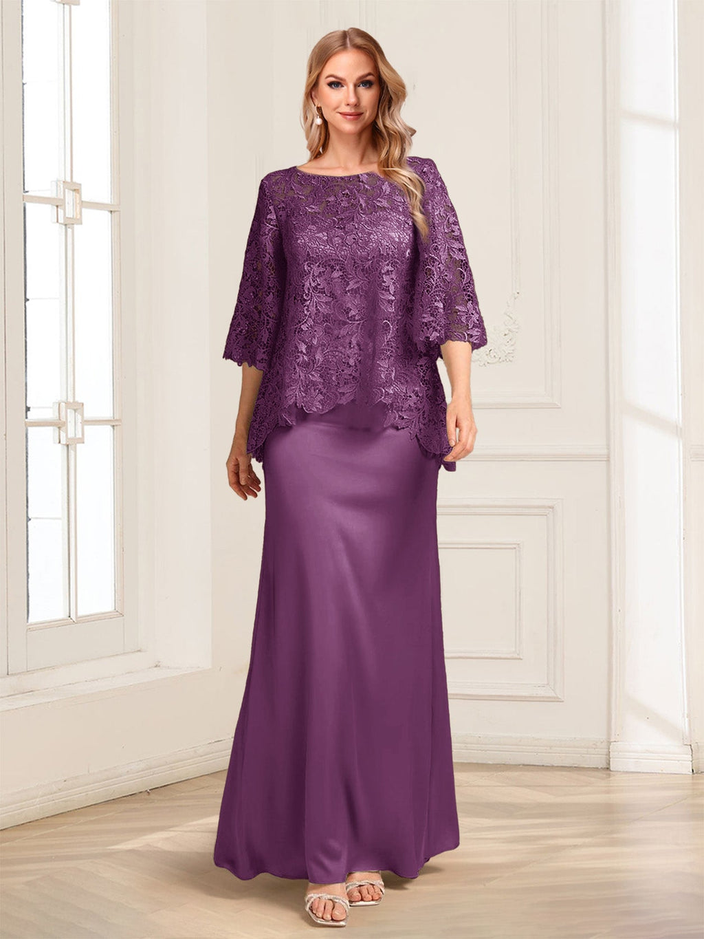Heloise Amber Orchid front view mother of the bride dress