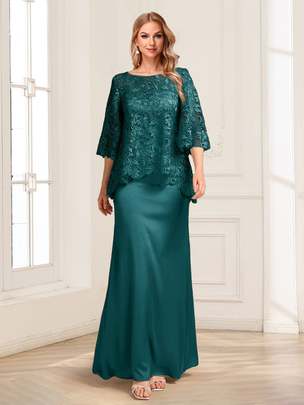 Heloise Amber Peacock front view mother of the bride dress