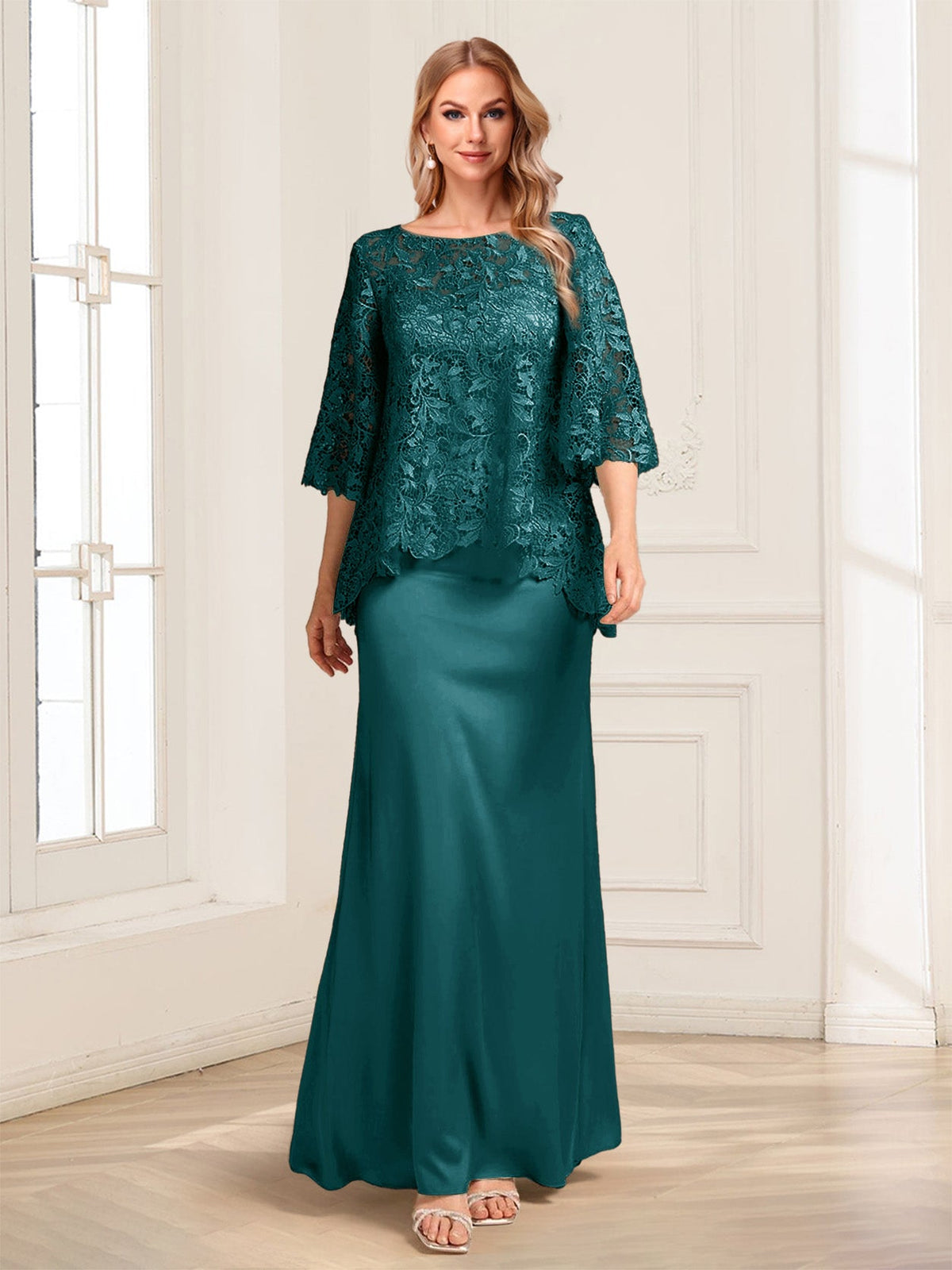 Heloise Amber Peacock front view mother of the bride dress
