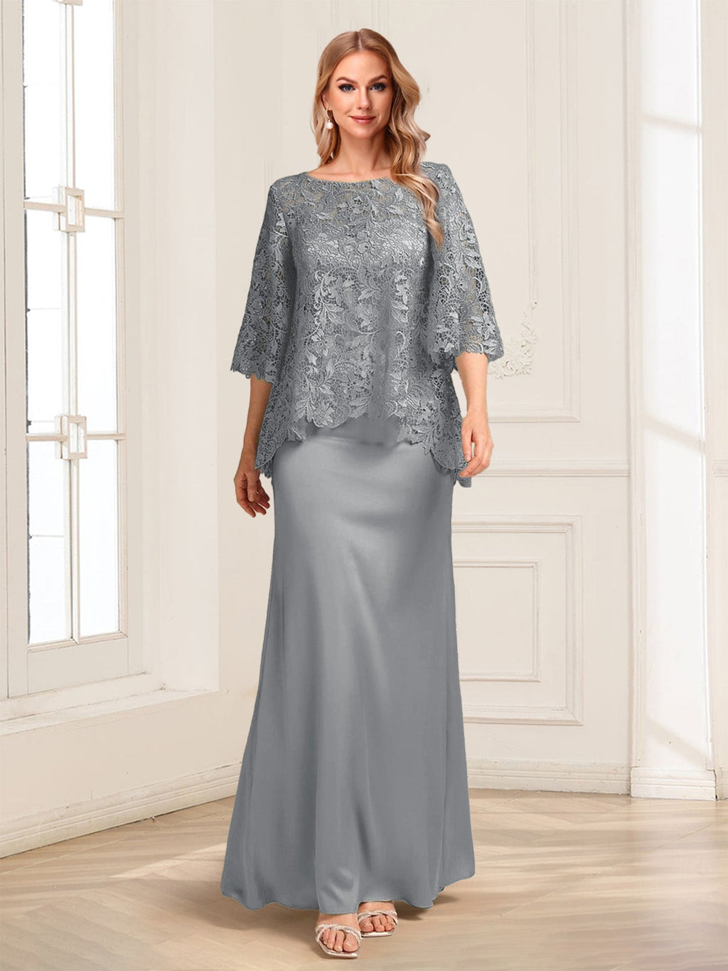 Heloise Amber Steel Grey front view mother of the bride dress
