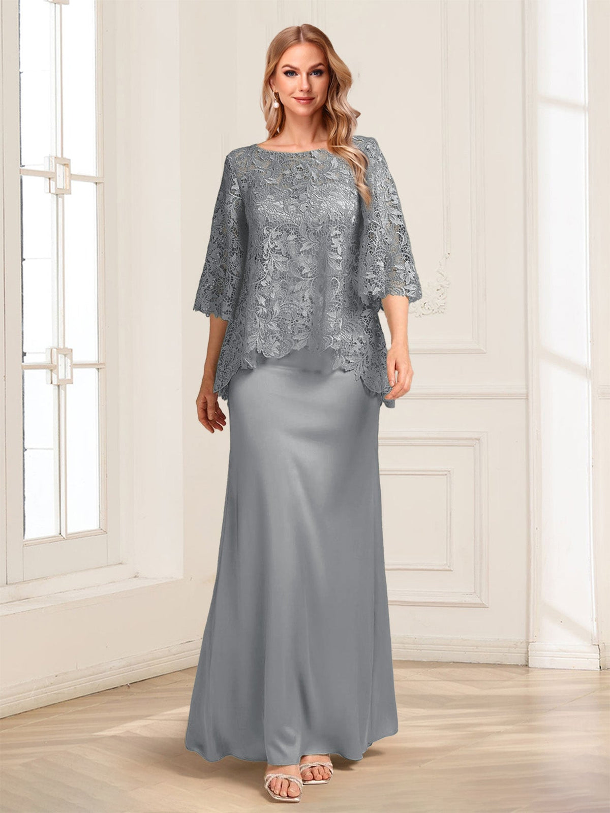 Heloise Amber Steel Grey front view mother of the bride dress