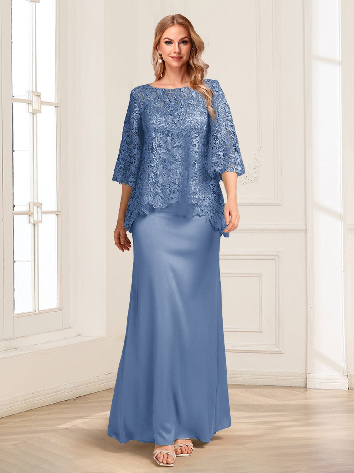 Heloise Amber Steel Blue front view mother of the bride dress