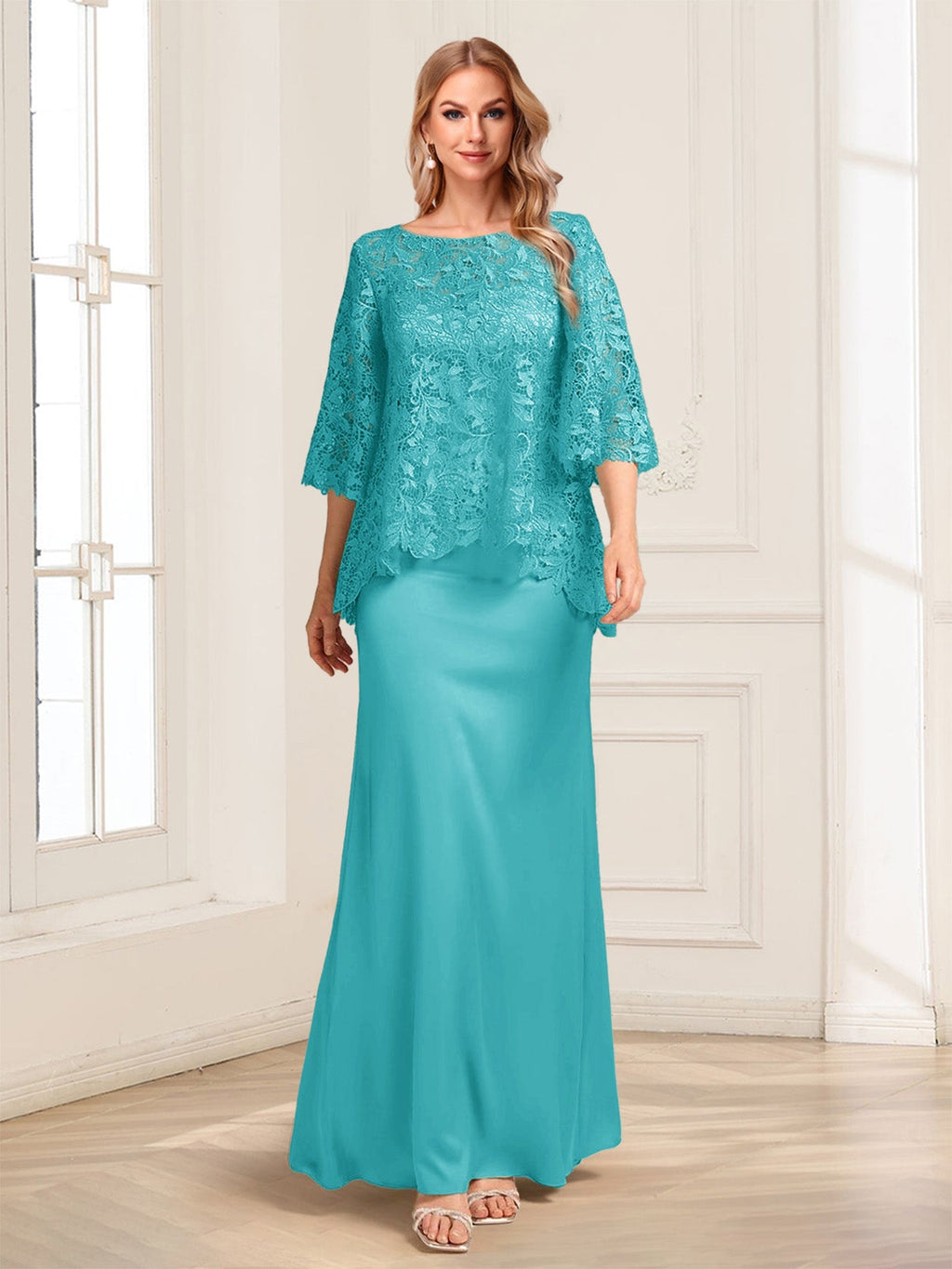 Heloise Amber Turquoise back view mother of the bride dress