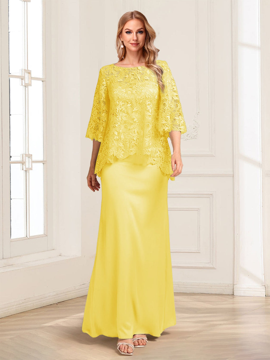 Heloise Amber Yellow front view mother of the bride dress