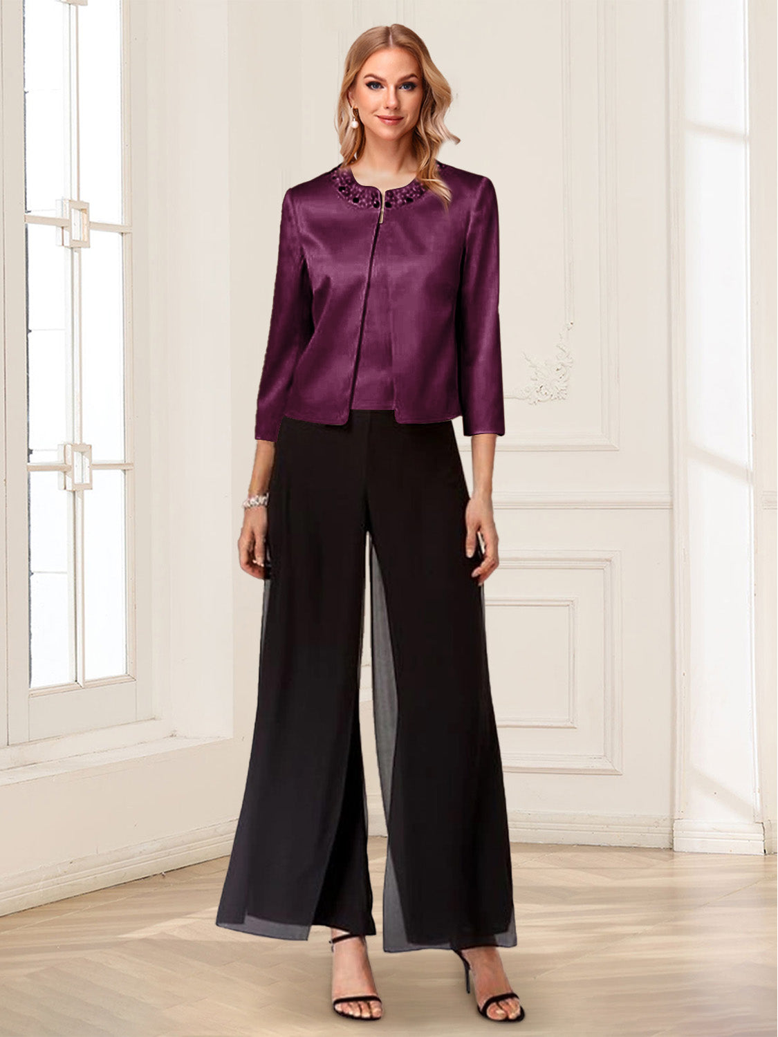 Greta Claire Plum front view mother of the bride dress