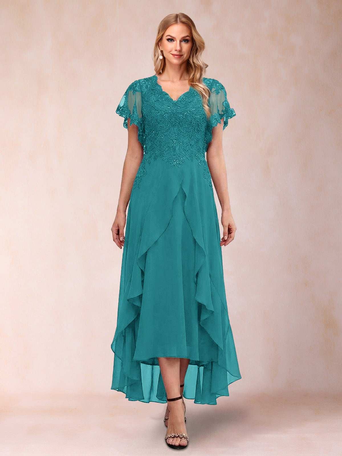 Eleanora Bloom Turquoise front view mother of the bride dress