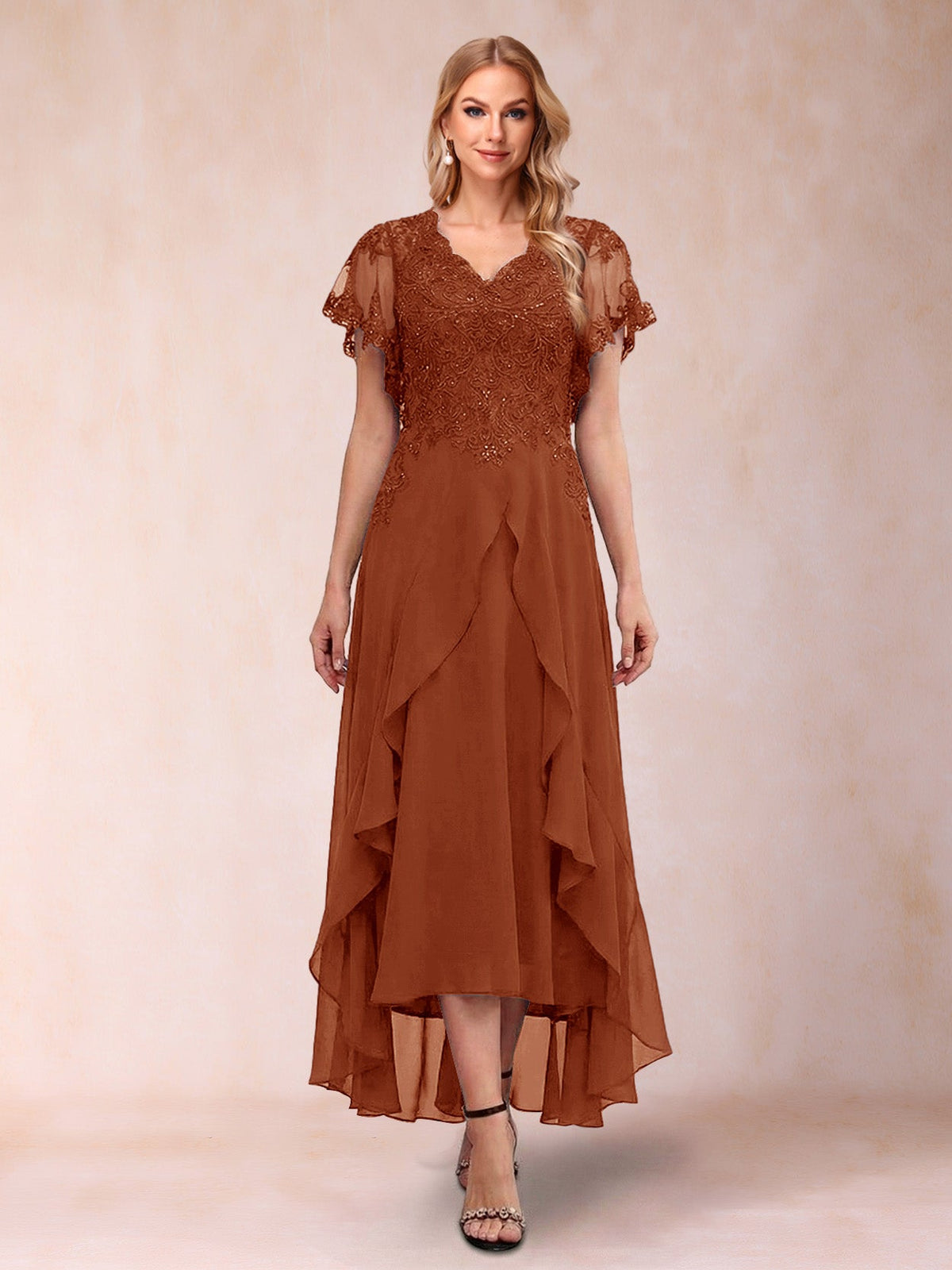 Eleanora Bloom Burnt Orange front view mother of the bride dress