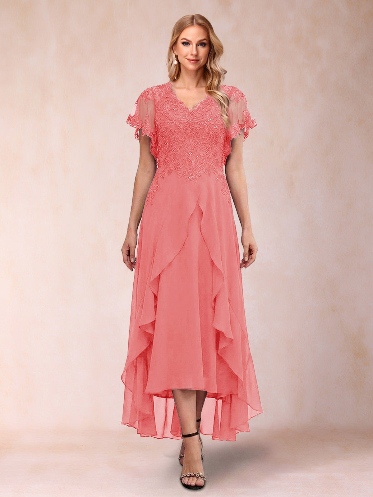 Eleanora Bloom Coral front view mother of the bride dress