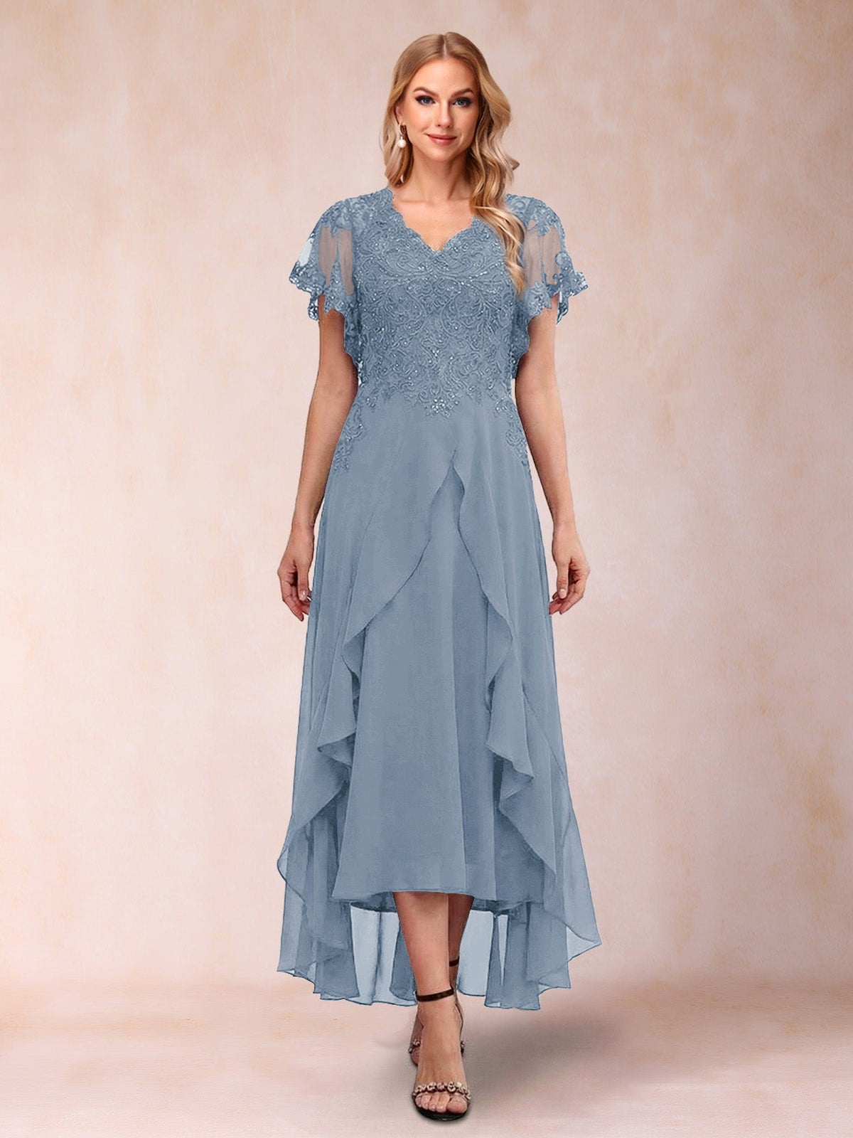 Eleanora Bloom Dusty Blue front view mother of the bride dress