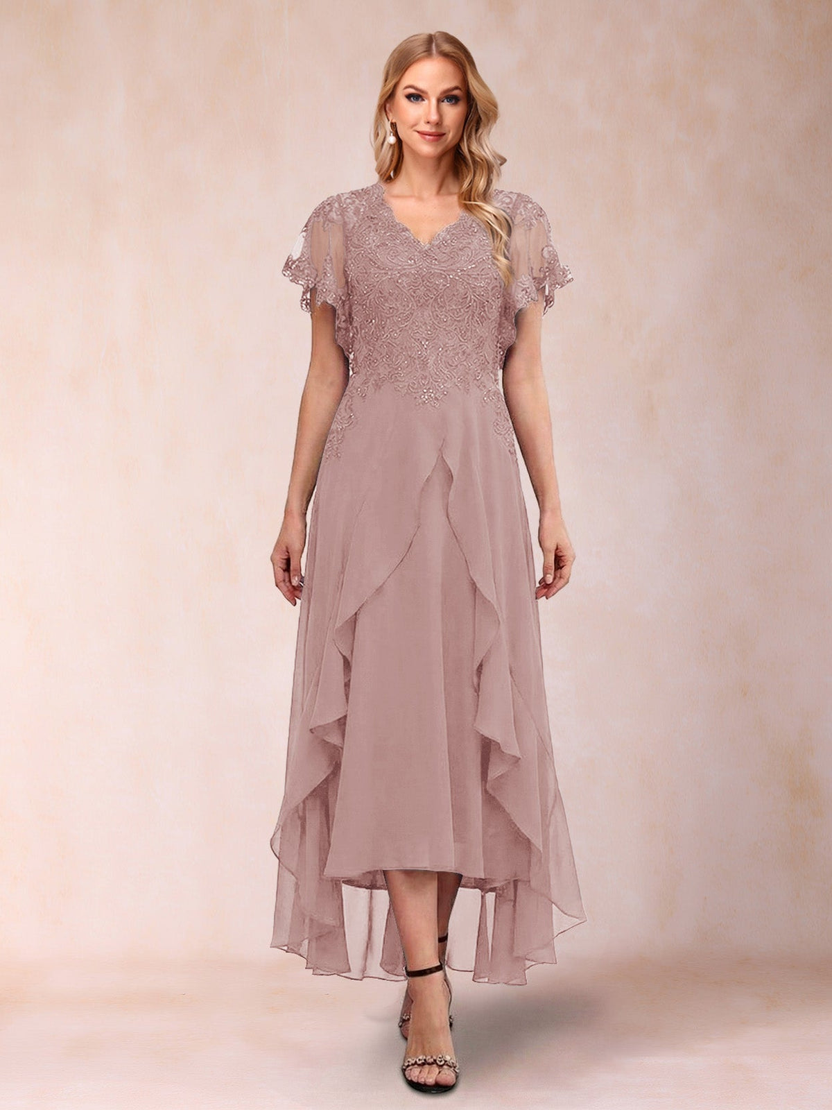 Eleanora Bloom Dusty Rose front view mother of the bride dress