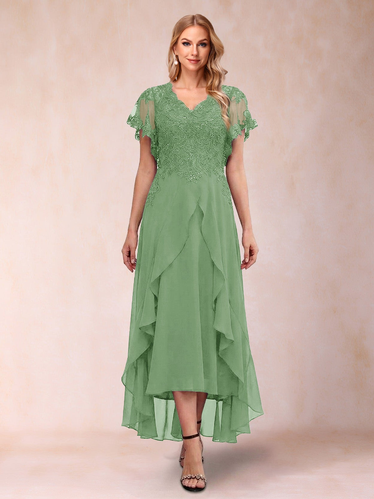 Eleanora Bloom Sage Green front view mother of the bride dress