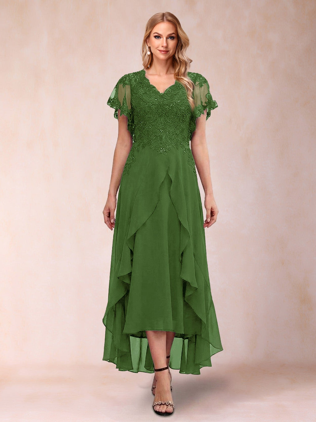 Eleanora Bloom Olive Green front view mother of the bride dress