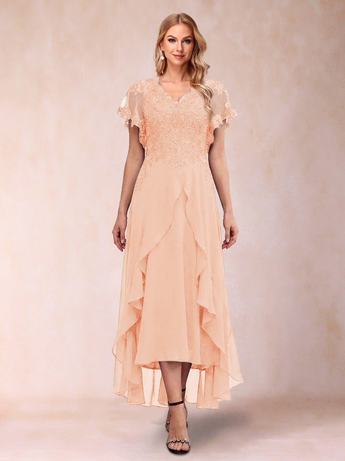 Eleanora Bloom Peach front view mother of the bride dress