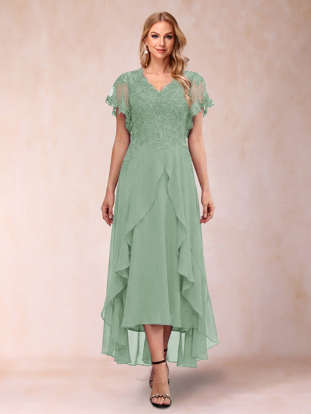 Eleanora Bloom Sage Green back view mother of the bride dress
