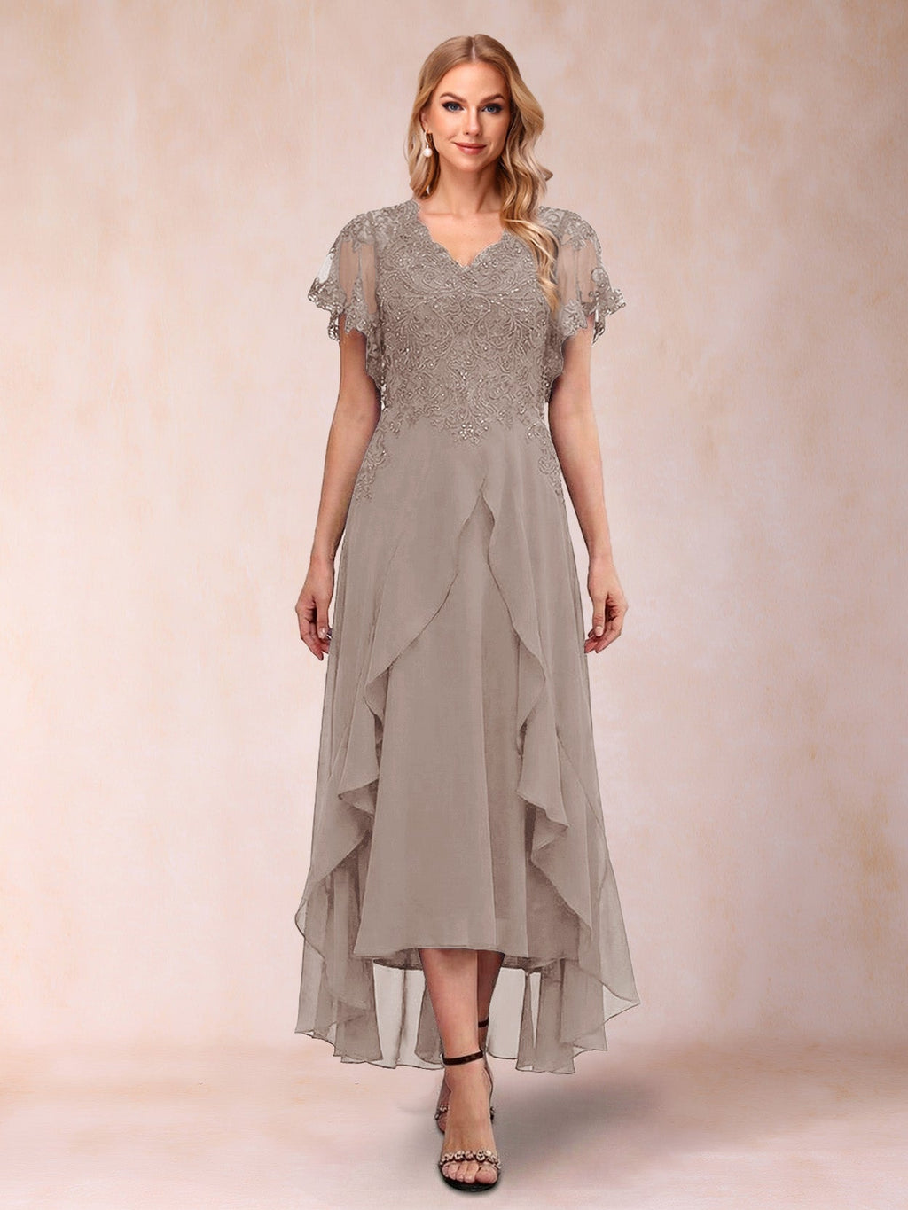 Eleanora Bloom Taupe front view mother of the bride dress