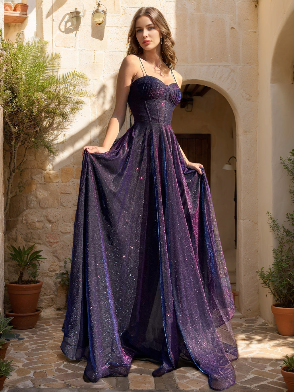 Florienne Lake Plum front view prom dress