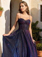 Florienne Lake Plum side view prom dress