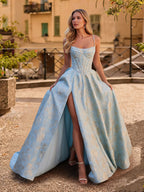 Evadne Sol Sky Blue front view prom dress