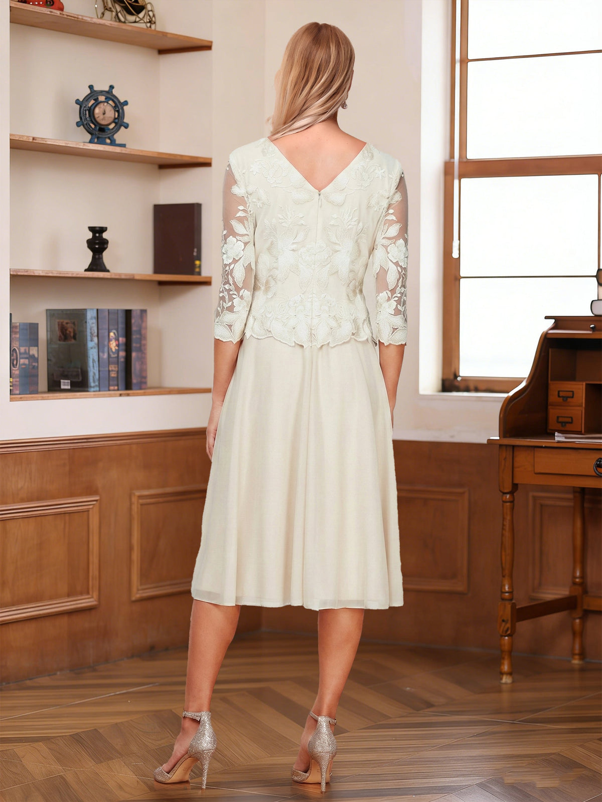 Wendy Claire Champagne back view mother of the bride dress