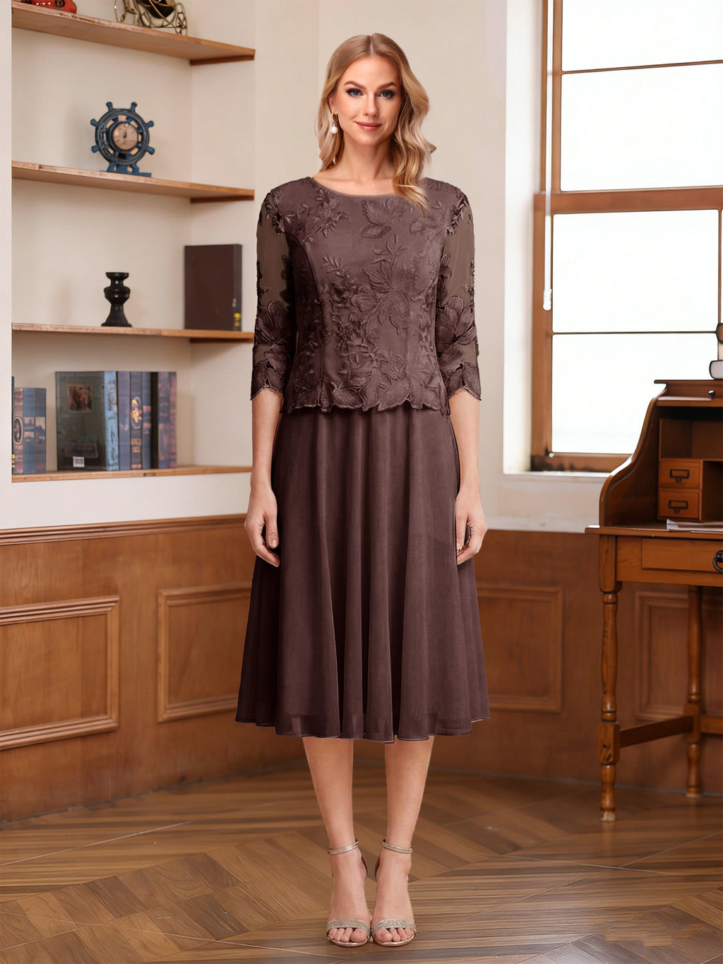 Wendy Claire Brown front view mother of the bride dress