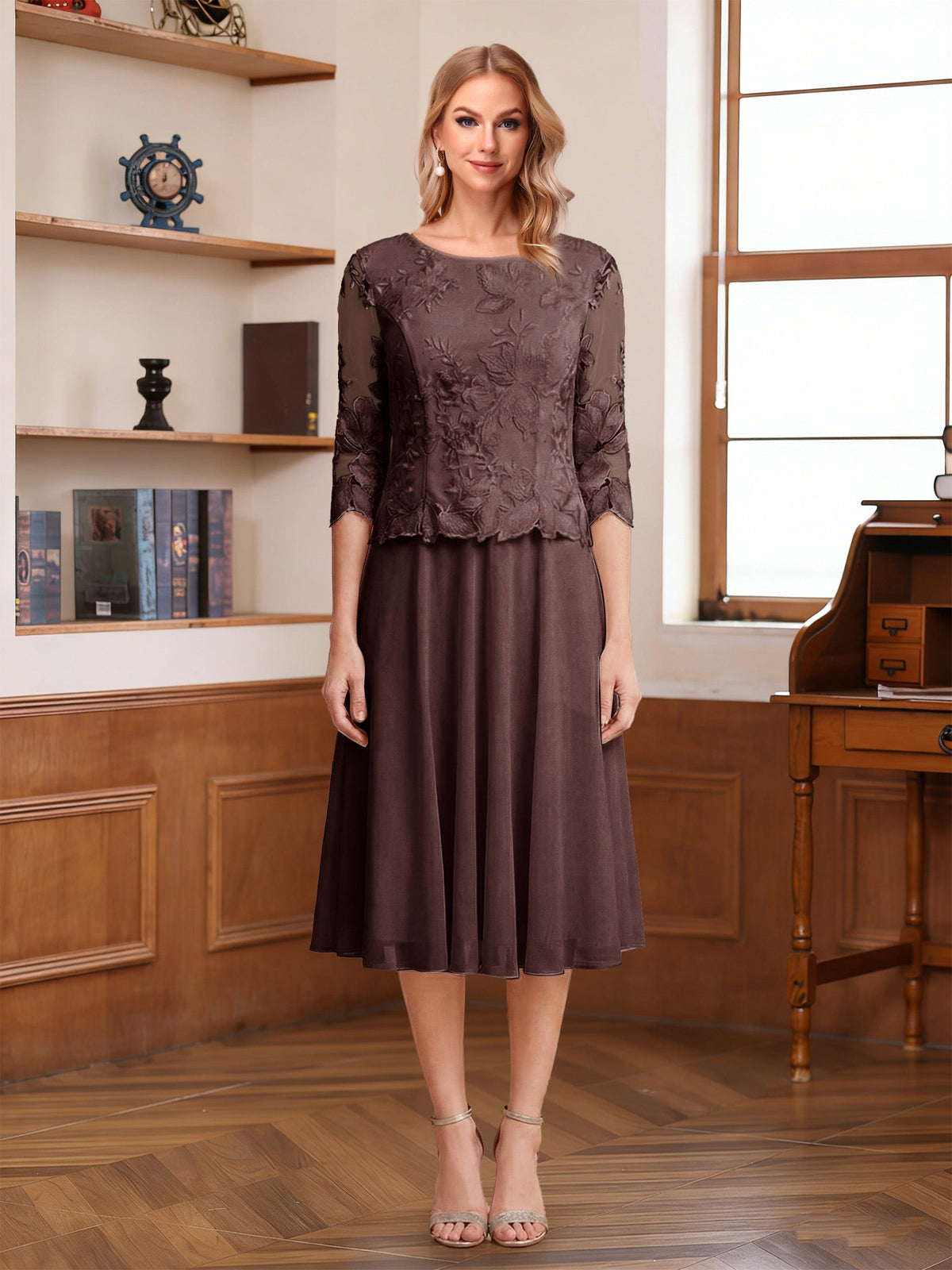 Wendy Claire Brown front view mother of the bride dress