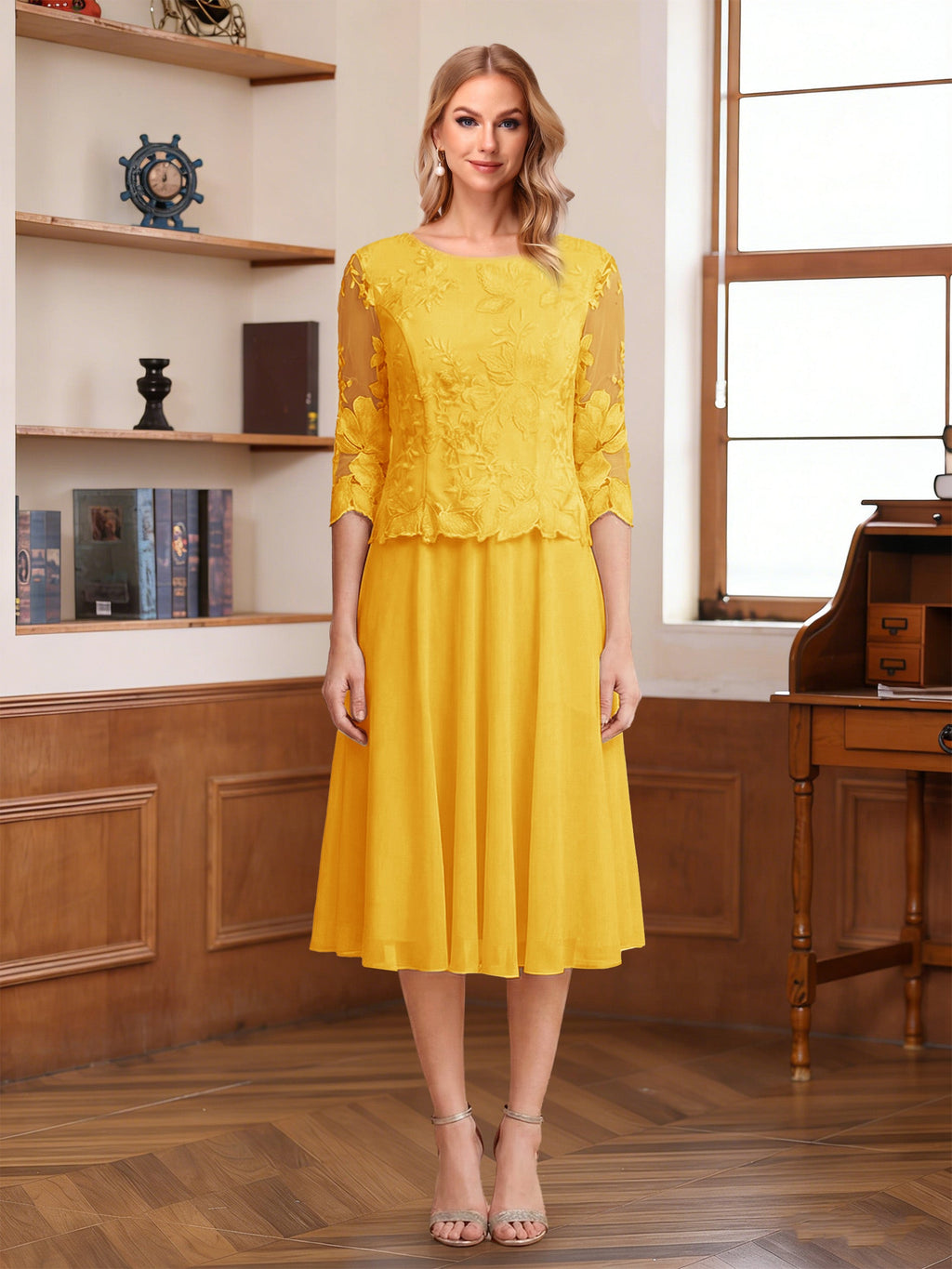 Wendy Claire Gold back view mother of the bride dress
