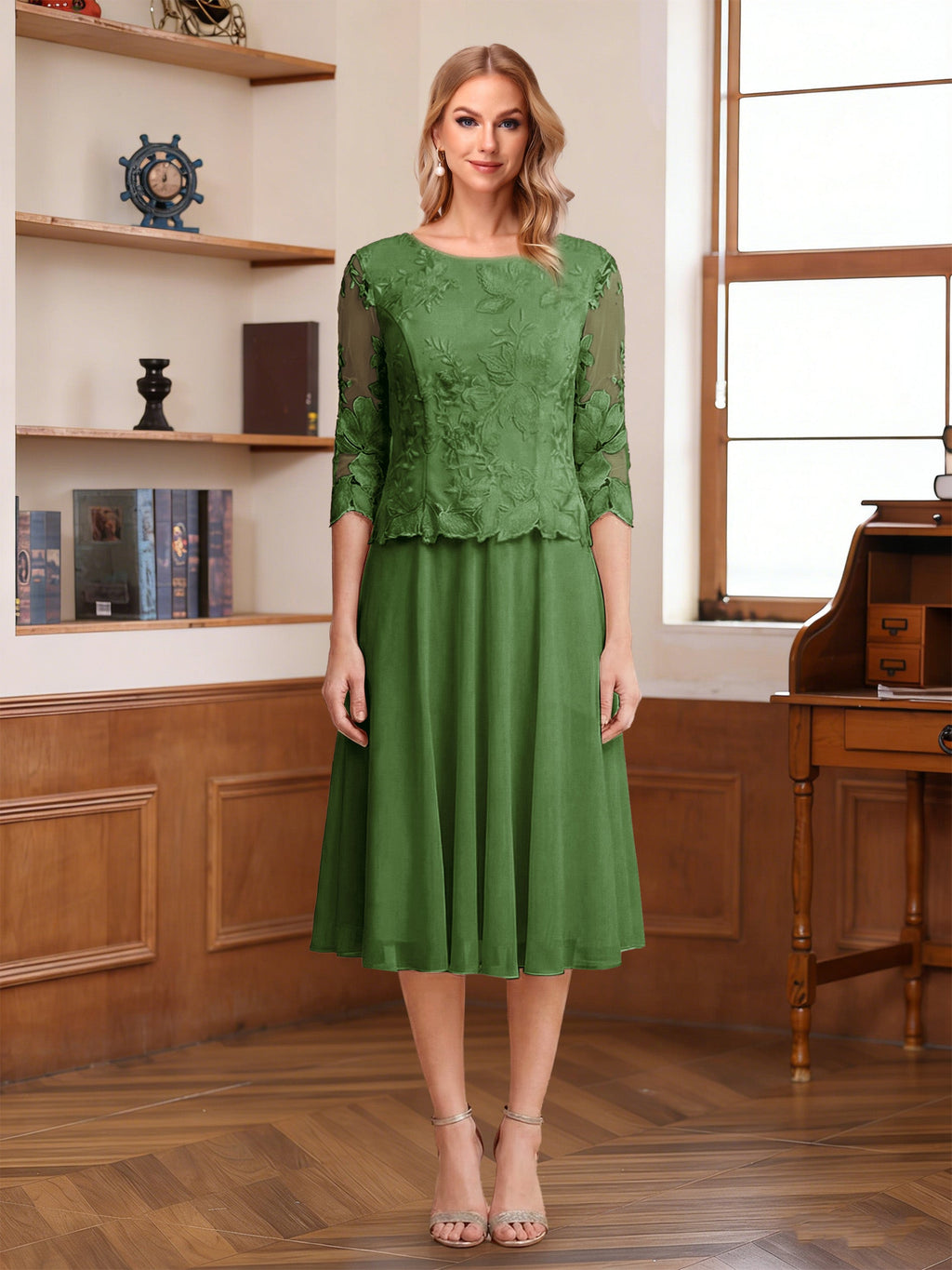 Wendy Claire Olive Green front view mother of the bride dress