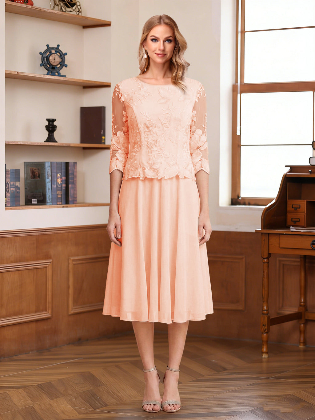 Wendy Claire Peach front view mother of the bride dress