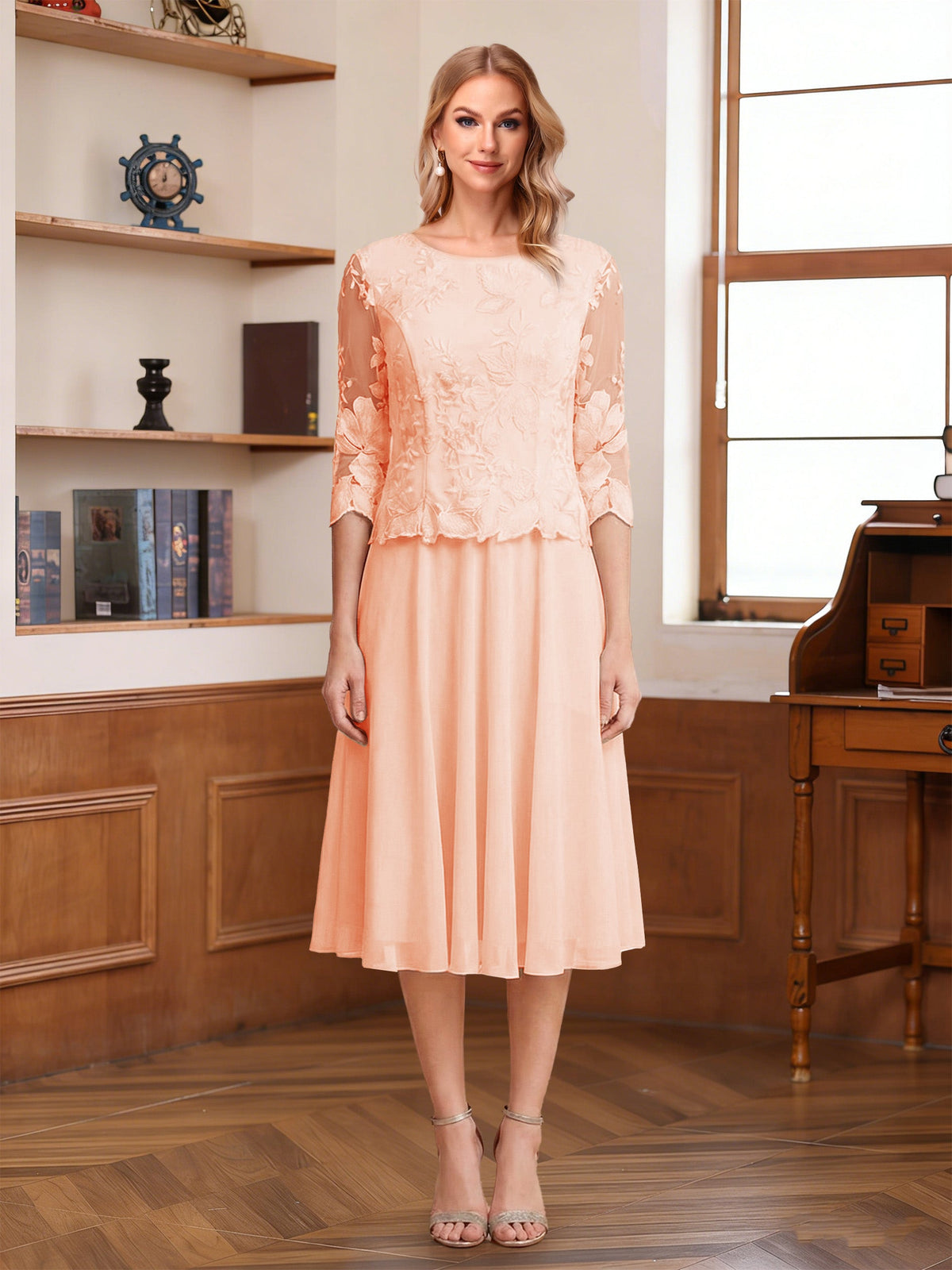 Wendy Claire Peach front view mother of the bride dress