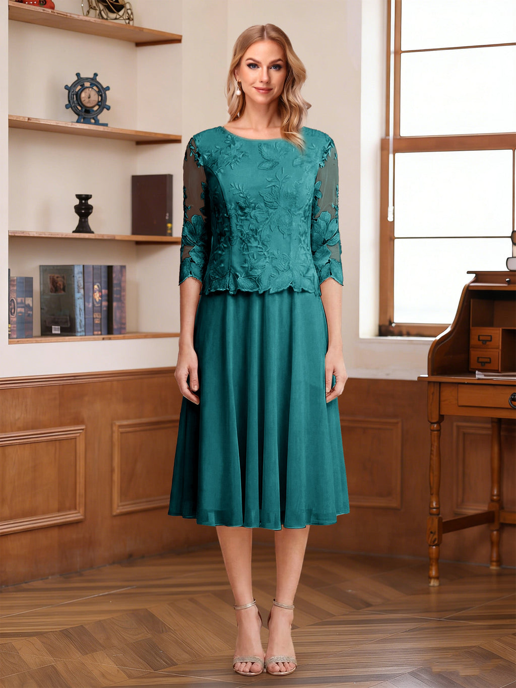 Wendy Claire Peacock front view mother of the bride dress