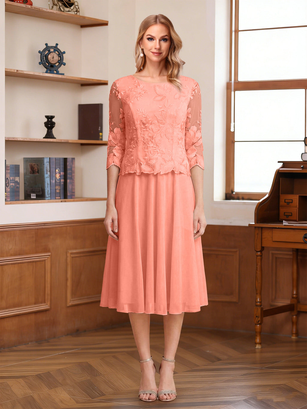 Wendy Claire Coral front view mother of the bride dress