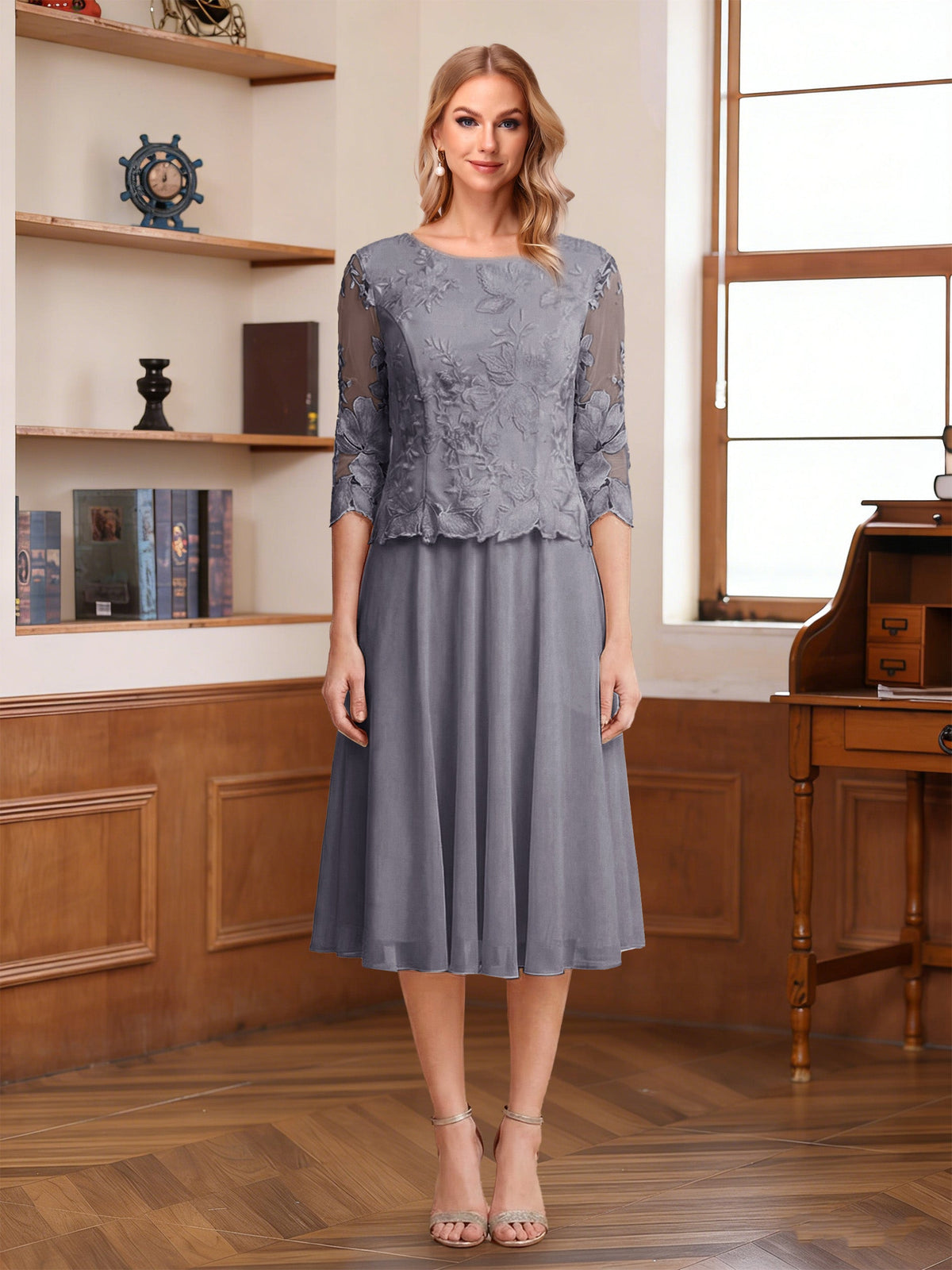 Wendy Claire Steel Grey front view mother of the bride dress