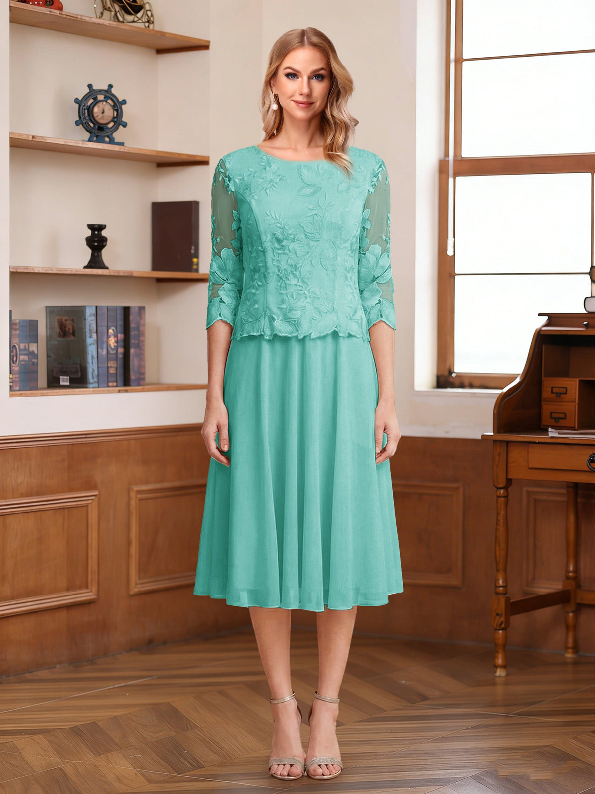Wendy Claire Pool Blue front view mother of the bride dress