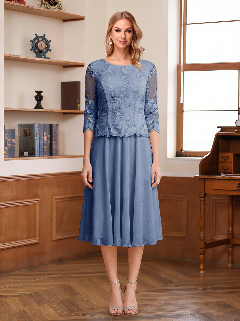 Wendy Claire Steel Blue front view mother of the bride dress
