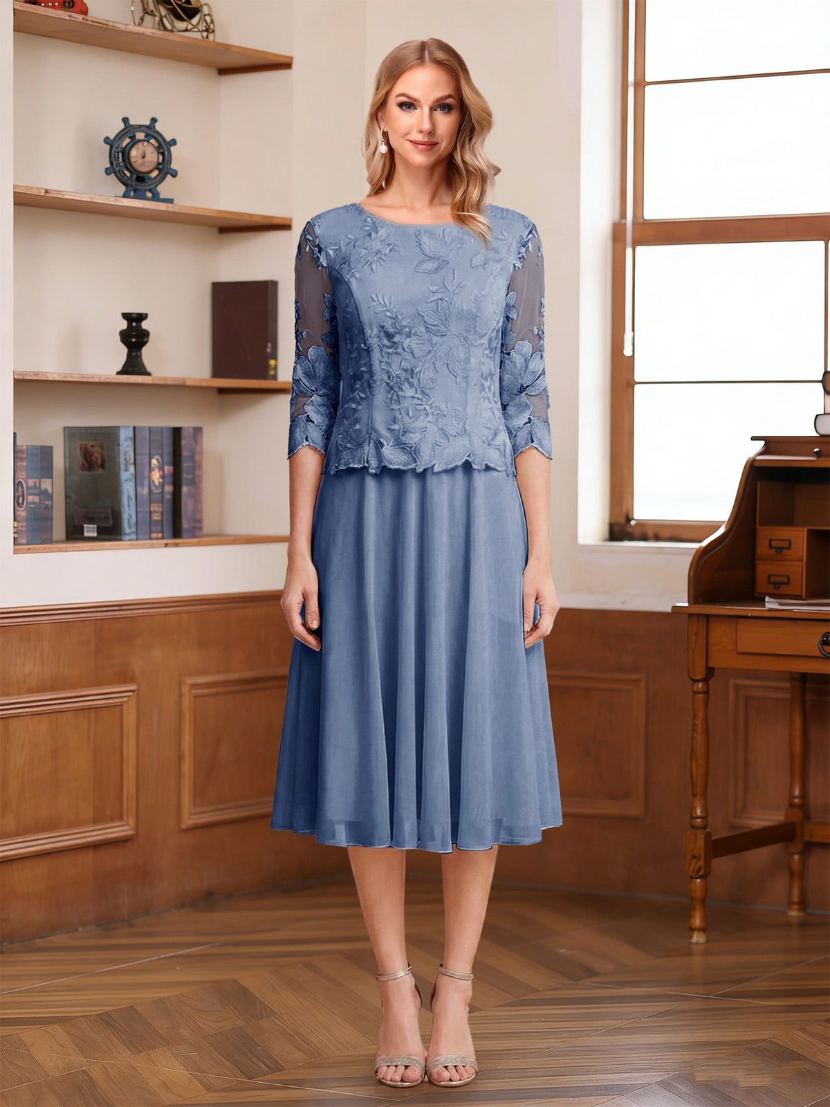 Wendy Claire Steel Blue front view mother of the bride dress