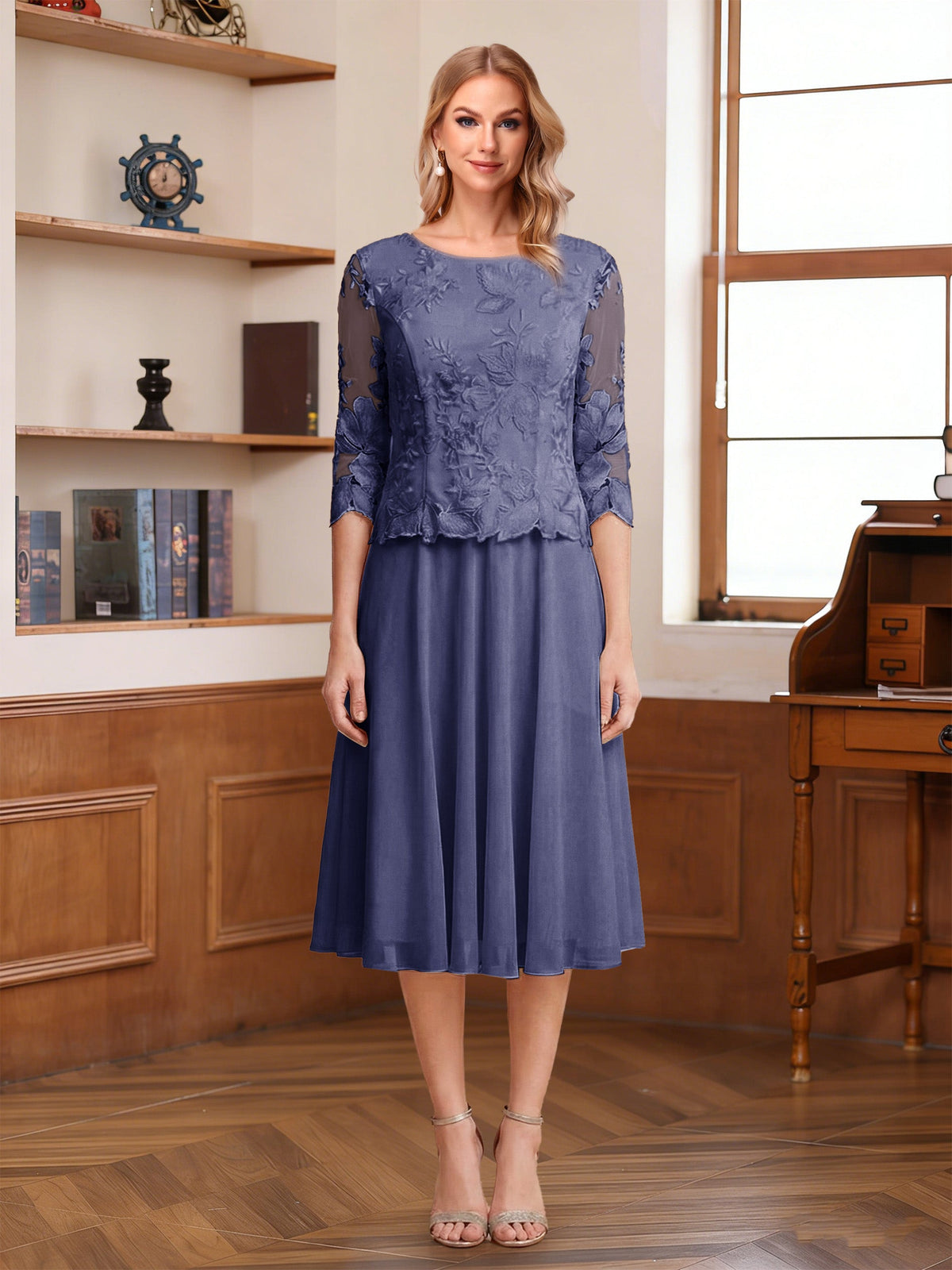 Wendy Claire Dusty Blue back view mother of the bride dress