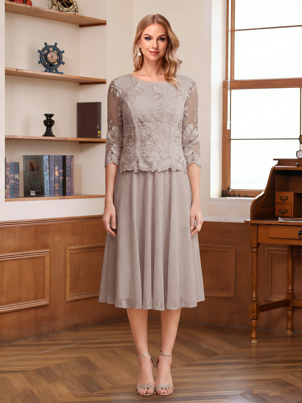 Wendy Claire Taupe front view mother of the bride dress