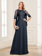 Nora June Navy Blue front view mother of the bride dress