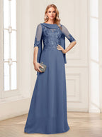 Nora June Steel Blue front view mother of the bride dress