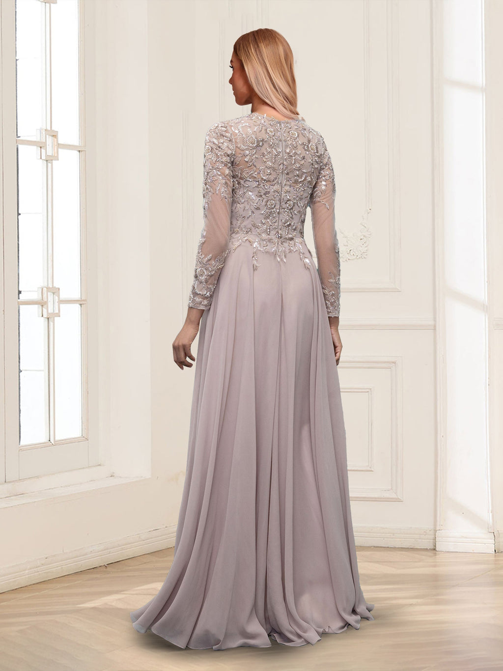 Lorelei dusty rose back view mother of the bride dress