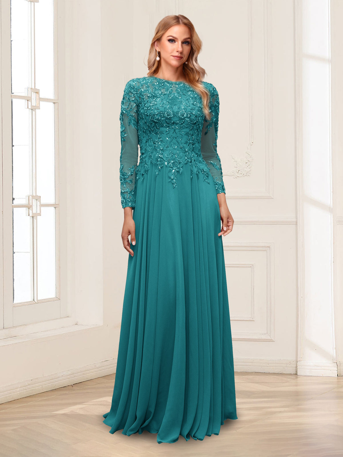 Ophelia Rue Turquoise front view mother of the bride dress